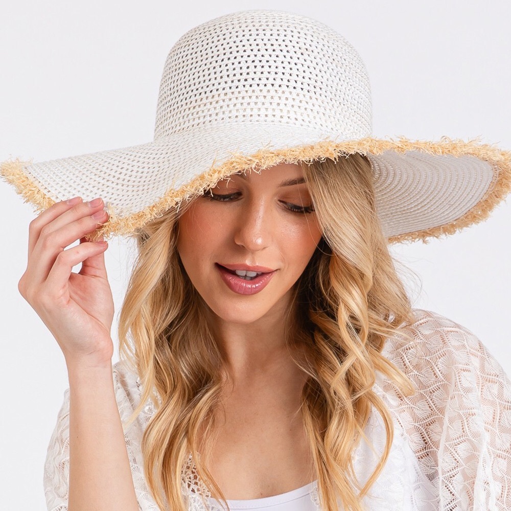 White Frayed Straw Floppy Hat